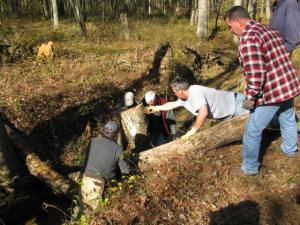 The team moves heavy logs into place by hand.